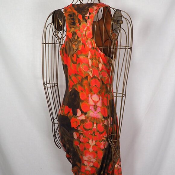 McQ by Alexander McQueen Orange Printed Lyocell Knit Racerback Ruched Dress S - Picture 3 of 16